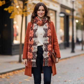 Дамски зимен шал в кафяво с бежови и оранжеви цветя