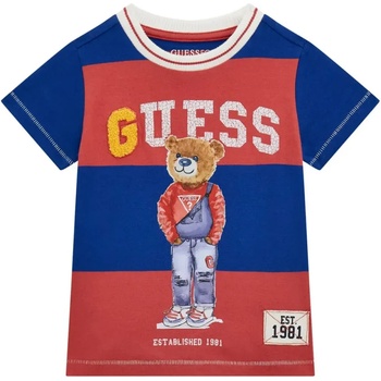 GUESS Тениска къс ръкав в червено и синьо за мини момче с голям надпис Guess и мече