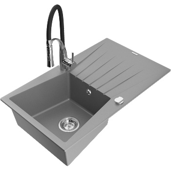 Mexen Cesar гранитна мивка с една камера с отцедник и кухненски смесител Aster, сива - 6514-71-73450-07 (6514-71-73450-07)