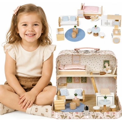 Ecotoys Ecotoys Domček pre bábiky v kufríku, poschodový, s dreveným nábytkom - 20 doplnkov