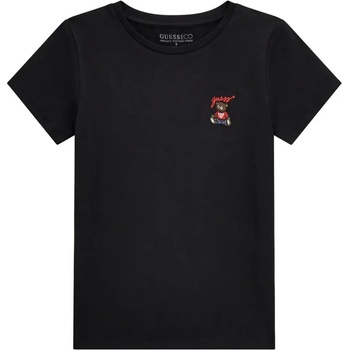 GUESS Едноцветна черна тениска за момиче с малко бродирано мече за акцент Guess