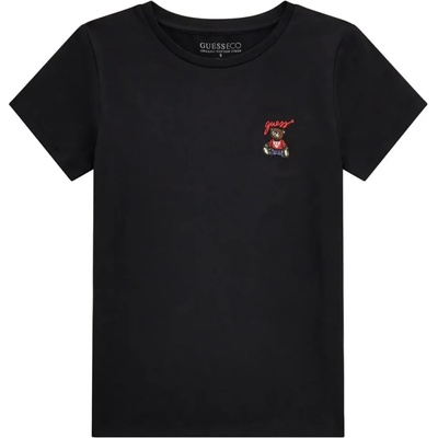 GUESS Едноцветна черна тениска за момиче с малко бродирано мече за акцент Guess