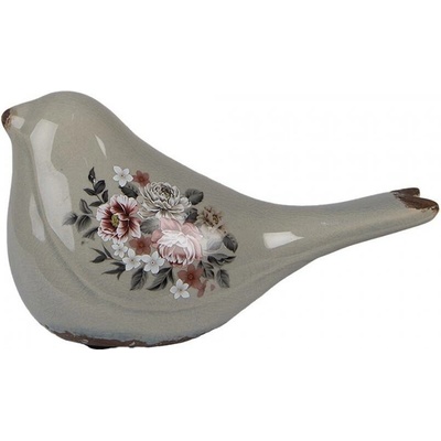 Clayre & Eef Zelený keramický ptáček s květy Floria M - 21 x 9 x 11 cm