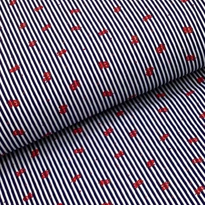 Bavlněné plátno P0469 modro-bílý pruh, červené tečky a kytky, š.140