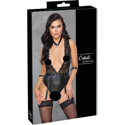 Cottelli Bondage - čipkované body s nákrčníkom čierne
