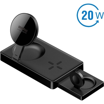 4smarts UltiMag Trident 3-in-1 Magnetic Wireless Charger 20W - тройна поставка (пад) за безжично зареждане за iPhone с Magsafe, Apple Watch, AirPods Pro и Qi съвместими мобилни устройства (черен)