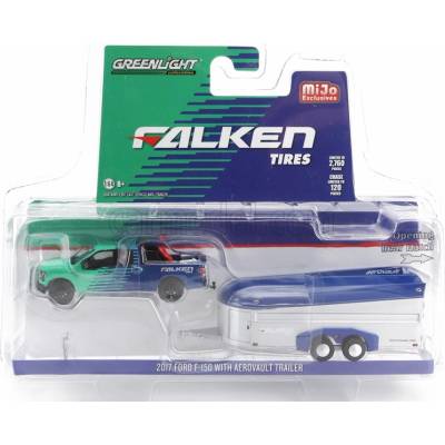 Greenlight Ford usa F-150 Pick-up With Aerovault Trailer Falken Tires 2017 Zelená Modrá 1:64