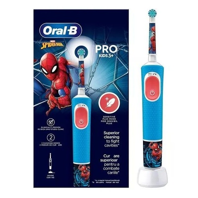 Oral-B Детска електрическа четка за зъби Oral-B Pro Kids Spiderman, 2D почистване, 2 програми, 1 накрайник, 4 стикера, За 3+ години, Син (Oral-B Pro Kids Spiderman)