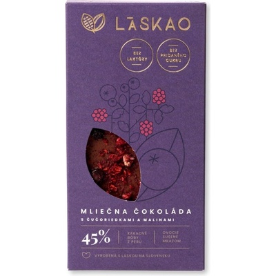 LASKAO 45 % Mliečna čokoláda s malinami a čučoriedkami bez cukru sladená xylitolom 75 g