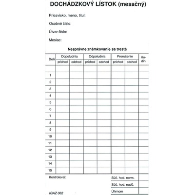 Igaz 062 Dochádzkový lístok mesačný