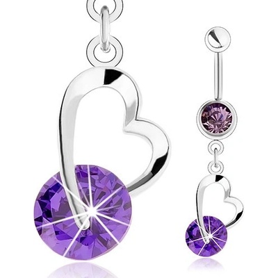 Šperky eshop ocelový piercing do pupíku stříbrná fialový zirkon kontura srdíčka S62.28