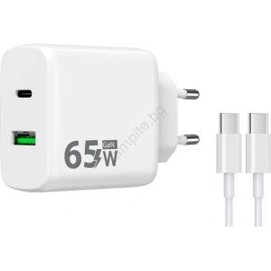WINNER GROUP-WG - Адаптер за бързо зареждане 2xUSB PD 65W + USB кабел USB-C / USB-C 1m (WN0063)