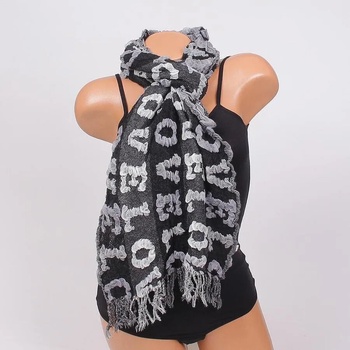 Image 1 of Дамски шал на райе в черно и сиво с надпис и ресни