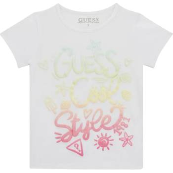 GUESS Бяла тениска за мини момиче с цветни преливащи надписи Guess