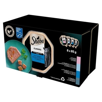 Sheba Classics Rybí Smaki v terině s lososem / bílou rybou a mrkví / tuňákem a zeleninou / treska 8 x 85 g