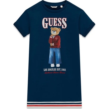 Guess Памучна спортна рокля за момиче в тъмно синьо с цветно мече и бял надпис Guess
