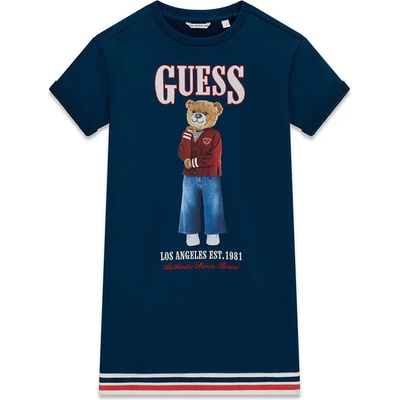 Guess Памучна спортна рокля за момиче в тъмно синьо с цветно мече и бял надпис Guess