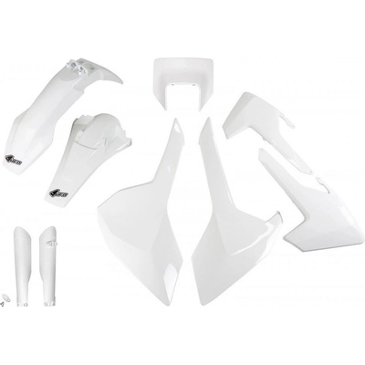 UFO kompletní sada plastů (FULL KIT) s kryty tlumičů HUSQVARNA TX/TE/FE 17-19 s krytem světla barva bílá (HU621E041)