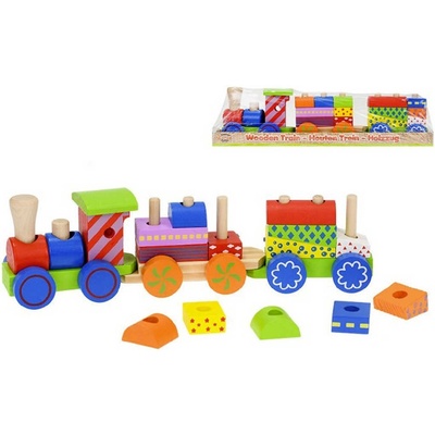 Toys Baby vláček 33cm mašinka + 2 vagonky navlékací s kostkami pro miminko