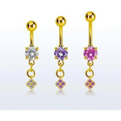InfinityPierce Zlatý piercing do pupíku s kamínkem a řetízkem zakončený kytičkou MDGZ411