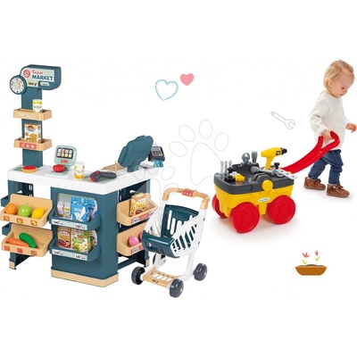 Smoby Set obchod elektronický s váhou a skenerom Super Market a vozík na ťahanie dielňa s pracovným náradím