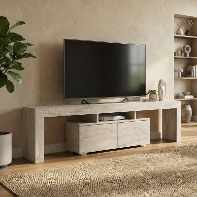 TopMebel Woodra меламинов ТВ шкаф в цвят травертин, размери 180 × 31.3 × 50.2 см
