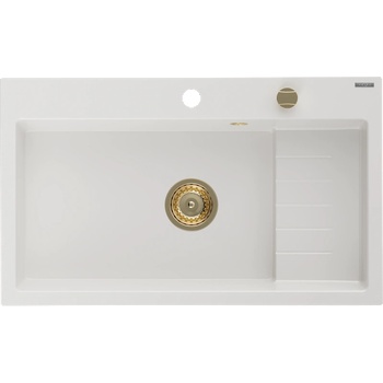 Mexen Omar гранитна мивка с 1 отделение 800 x 480 мм, бяла, златен сифон - 6520801005-20-G (6520801005-20-G)
