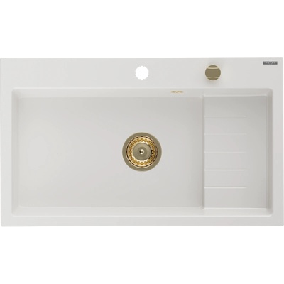 Mexen Omar гранитна мивка с 1 отделение 800 x 480 мм, бяла, златен сифон - 6520801005-20-G (6520801005-20-G)