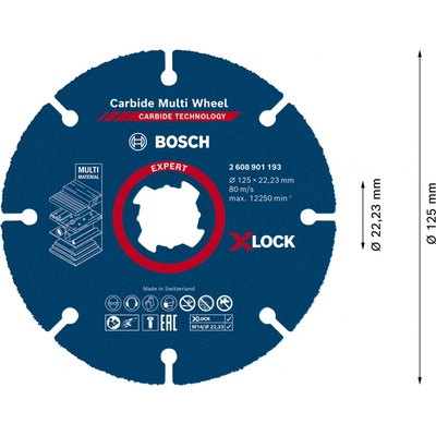Kotouč řezný Bosch Carbide Multi Wheel X-LOCK 115×1 mm Dostupné varianty: Víceúčelový řezný kotouč Bosch EXPERT Carbide Multi Wheel systému X-LOCK 125 mm