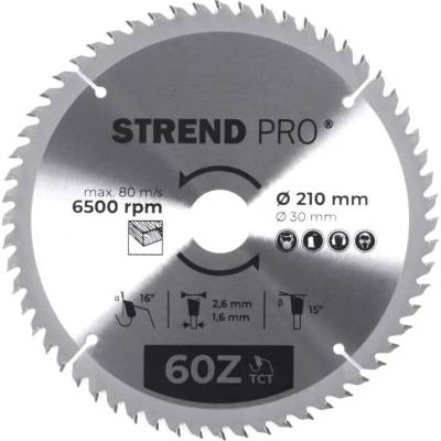 Kotúč Strend Pro TCT 210x2.6x30/20 mm 60T, na drevo, pílový, SK plátky