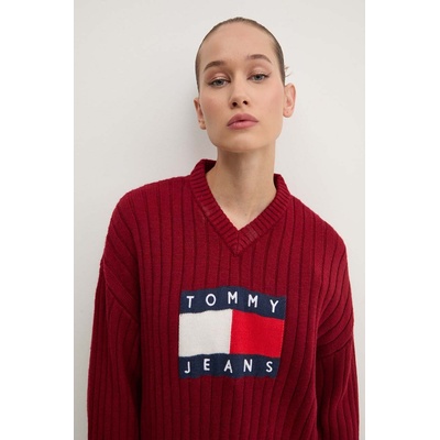 Tommy Hilfiger Пуловер Tommy Jeans дамски в бордо от лека материя DW0DW18528 (DW0DW18528)