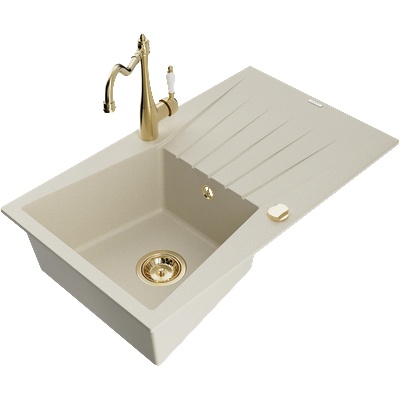 Mexen Cesar гранитна мивка с 1 камера с отцедник и кухненски смесител Carla, бежов - 6514-69-670700-50 (6514-69-670700-50)