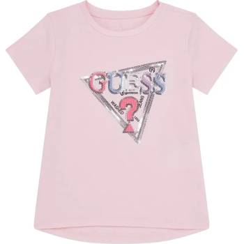GUESS Широка тениска с къс ръкав за мини момиче в розов цвят с многоцветно лого Guess с пайети