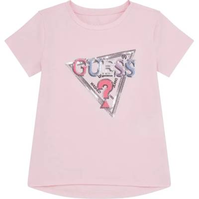 GUESS Широка тениска с къс ръкав за мини момиче в розов цвят с многоцветно лого Guess с пайети