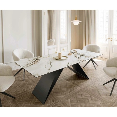 DELIFE Jídelní stůl Edge 180-220 x 100 keramika Calacatta Luxe bílo-zlatošedá podnož ve tvaru "V" plochá ocel černá rozkládací