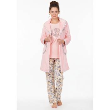 Плюшен комплект в розово с цветя - халат и пижама