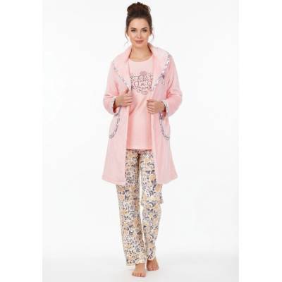 Плюшен комплект в розово с цветя - халат и пижама