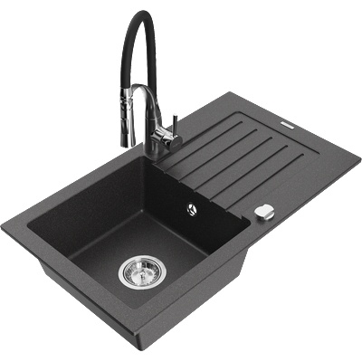 Mexen Pablo гранитна мивка с 1 камера с отцедник и кухненски смесител Aster, черен накрапчан - 6510-76-73450-07 (6510-76-73450-07)