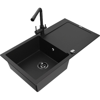 Mexen Leo гранитна мивка с 1 отделение и отцедител и кухненски смесител Duero, черен - 6501-77-671600-70-B (6501-77-671600-70-B)
