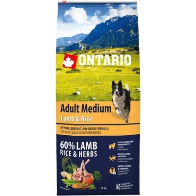 ONTARIO Adult Medium Lamb & Rice - пълноценна храна, хипоалергенна формула за пораснали кучета от средни породи с агне и ориз 12кг, Чехия 214-10698