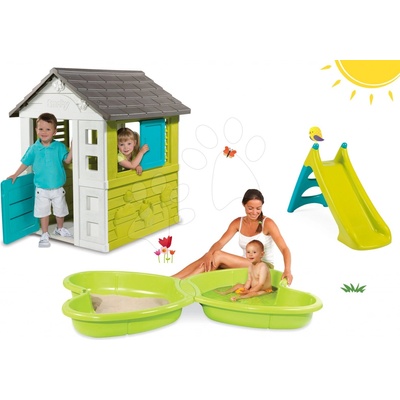 Smoby set domeček Pretty Blue se zasouvací okenicí skluzavka Toboggan XS a pískoviště Motýl 310068-4