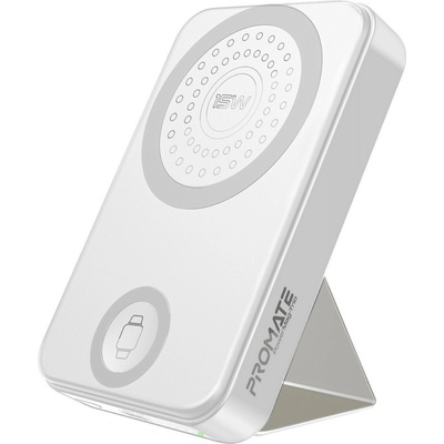 Promate Външна батерия ProMate, PowerMag-Trio. White 10000mAh 15W Magsafe Charger Powerbank w/ 2.5W Apple Watch Charger, 20W PD USB-C Input/Output, Kickstand - Бяла
