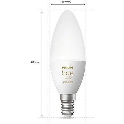 Philips Смарт LED димируема крушка Philips HUE White Ambiance, 5.2W, 470 lm, E14, бяла светлина 2100-6500К (BT, Zigbee, HomeKit, Google, Alexa, SmartThings) (929002294403)