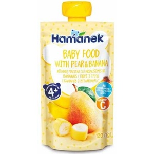Hamanek Плодово бебешко пюре Hamanek - Пауч с круши и банан, 120 g (8595139780432) - baby