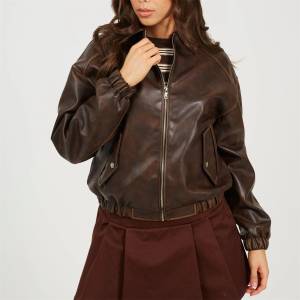 Brave Soul BS Womens Vintage Finish Faux Leather Bomber with Collar - Vntge Dk Brown