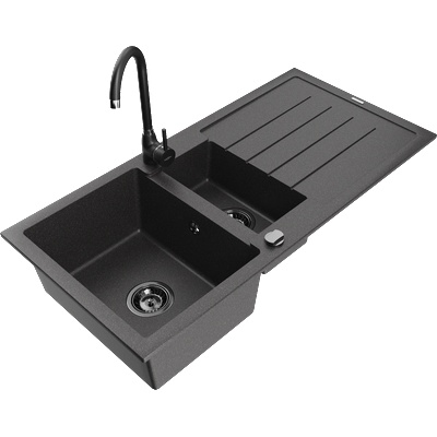 Mexen Andres гранитна кухненска мивка с 1, 5 корита и отцедник и кухненски смесител Telma, черен с пръски - 6515-76-670200-70-B (6515-76-670200-70-B)