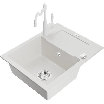 Mexen Enzo гранитна мивка с 1 корито с отцедник и кухненски смесител Carla, бял - 6506-20-670700-20 (6506-20-670700-20)