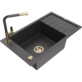 Mexen Elias гранитна мивка с 1 корито с отцедник и кухненски смесител Flora, черен накрапяне - 6511-76-670401-75-G (6511-76-670401-75-G)