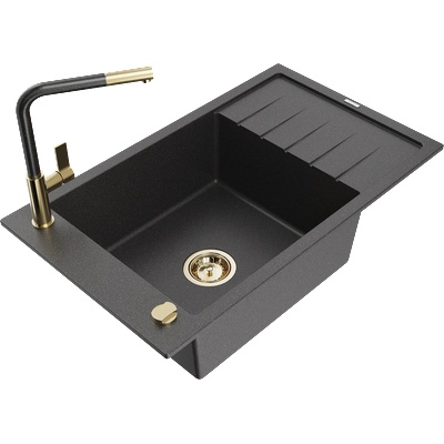 Mexen Elias гранитна мивка с 1 корито с отцедник и кухненски смесител Flora, черен накрапяне - 6511-76-670401-75-G (6511-76-670401-75-G)