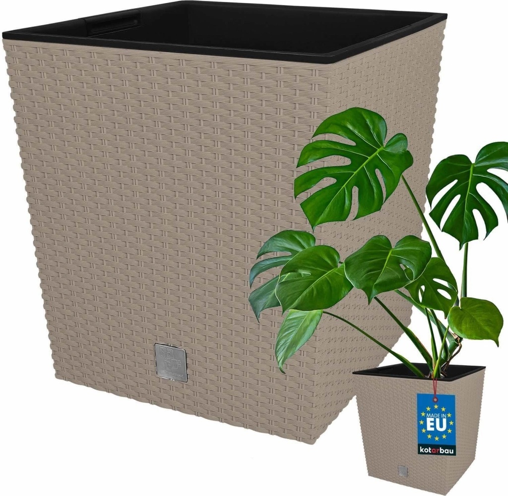 Prosperplast Rato Low Blumentopf – Rattan-Optik, 40x40x40,8 Cm, 64 Liter, Mit Herausnehmbarem Einsatz